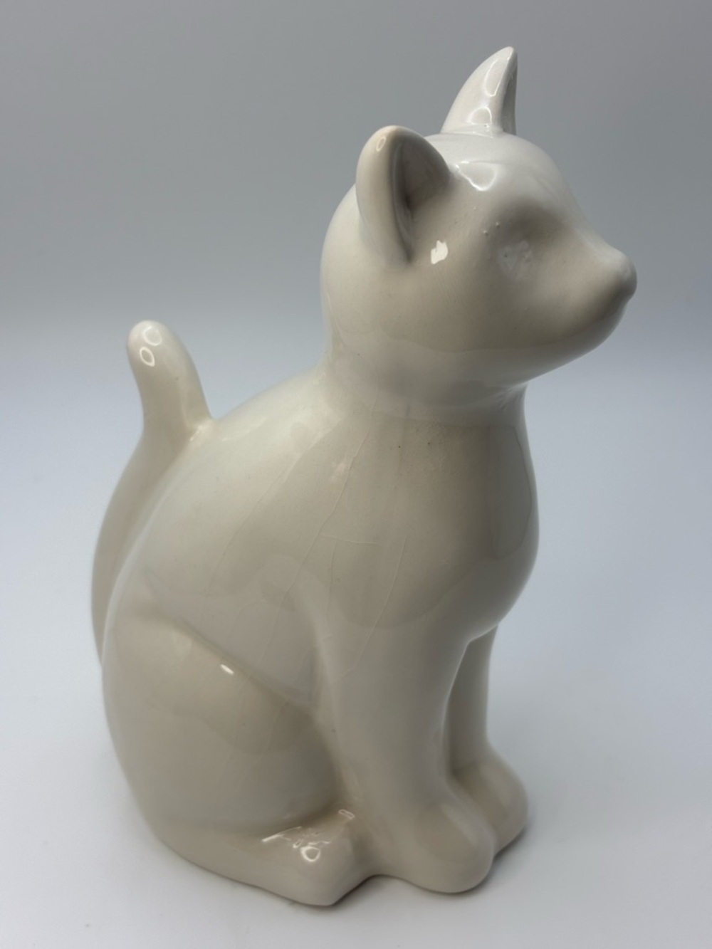 White Ceramic Cat Piggy Bank 7” Tall Crackle Glaze Coin Bank